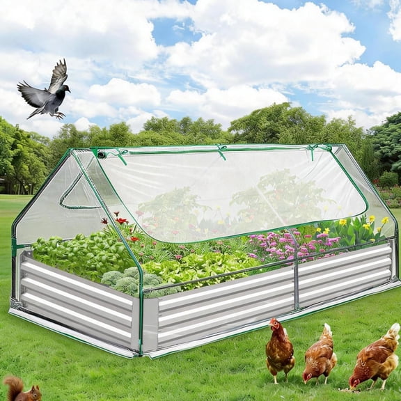 3-in-1 Raised Garden Bed with Greenhouse Cover, 6x3x1FT Galvanized Metal Planter Box Kit, Includes Clear Top 2 Screen Windows for Vegetables Flowers, Outdoor Gardening, Silver