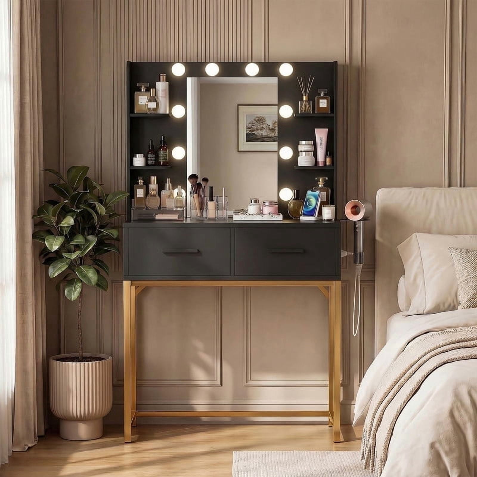 Treevan Black & Gold Makeup Vanity Desk with Hollywood LED Mirror, Charging Station, 3 Color Dimmable Lights for Bedroom