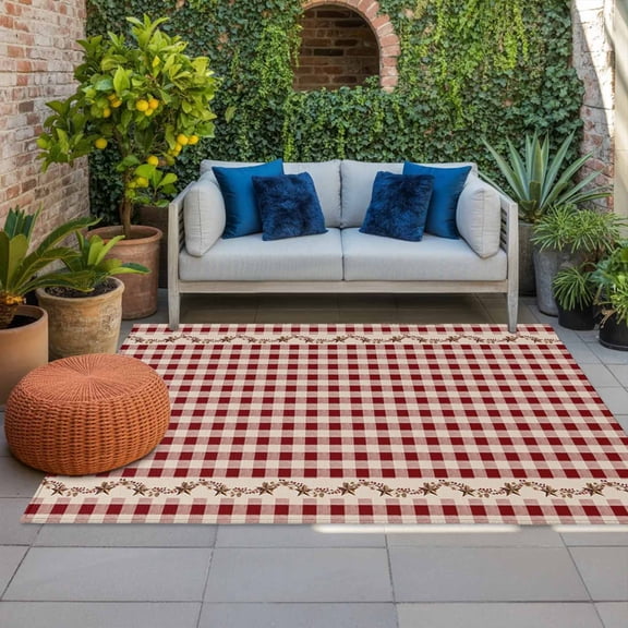 Outdoor Rug 3x5 ft Barn Stars Rustic Outdoor Large Area Rug Non Slip Rubber Vintage Country Red Plaid Front Door Mat RV Rug Camping Carpet Patio Outdoor Rugs for Backyard Balcony Deck Porch Indoor