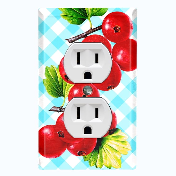 Metal Light Switch Plate Cover Gingham Cranberry Fruit Leaf Picnic Blue FUT001