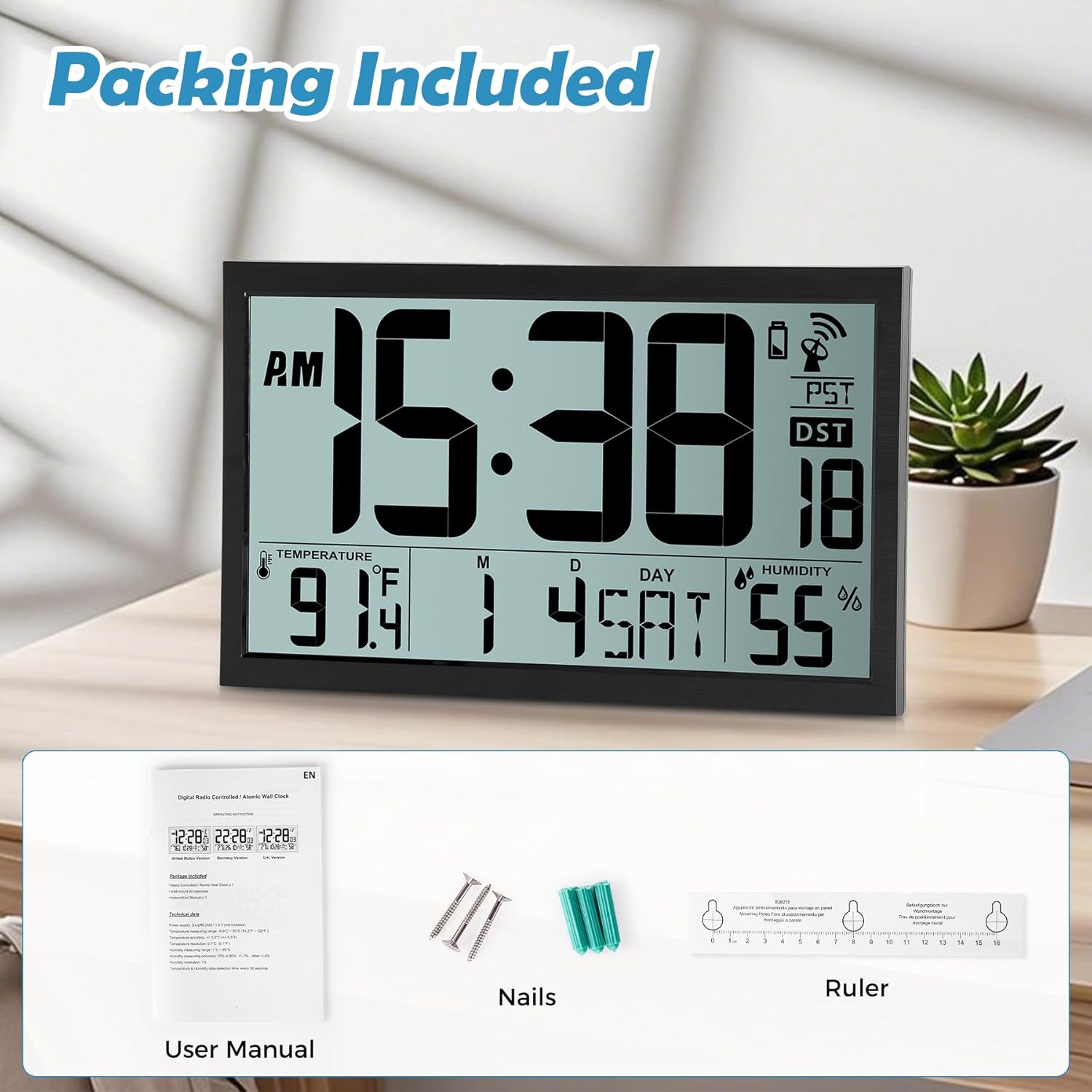 16.7 Inch Large Digital Atomic Wall Clock with Calendar Temperature Humidity Indoor Display Battery Operated Auto Setting for Bedroom Office Classroom