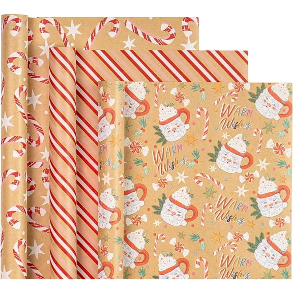 WRAPAHOLIC Kraft Christmas Wrapping Paper Roll - Mini Roll - 3 Rolls - 17 Inch X 120 Inch Per Roll - Red Santa Claus Cup, Candy Cane, Stripe Holiday Collection
