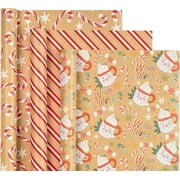 WRAPAHOLIC Kraft Christmas Wrapping Paper Roll - Mini Roll - 3 Rolls - 17 Inch X 120 Inch Per Roll - Red Santa Claus Cup, Candy Cane, Stripe Holiday Collection
