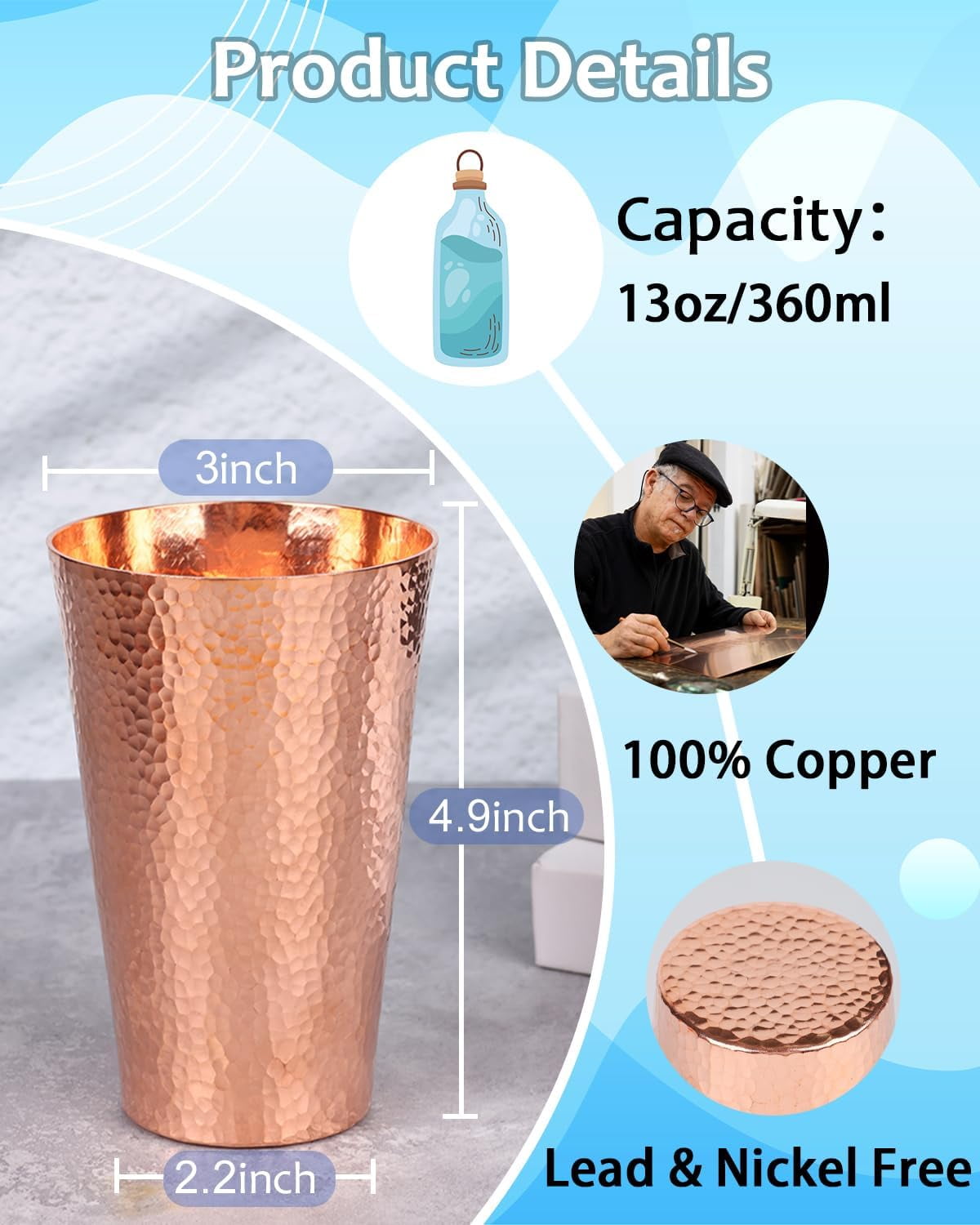 ABCISI 13 Ounce Pure Copper Cup for Wine & Water, Hand-Hammered Texture Solid Copper Water Bottle, Elegant & Durable Drinking Glass, Ideal for Bars, Exercise, Camping and Daily Use