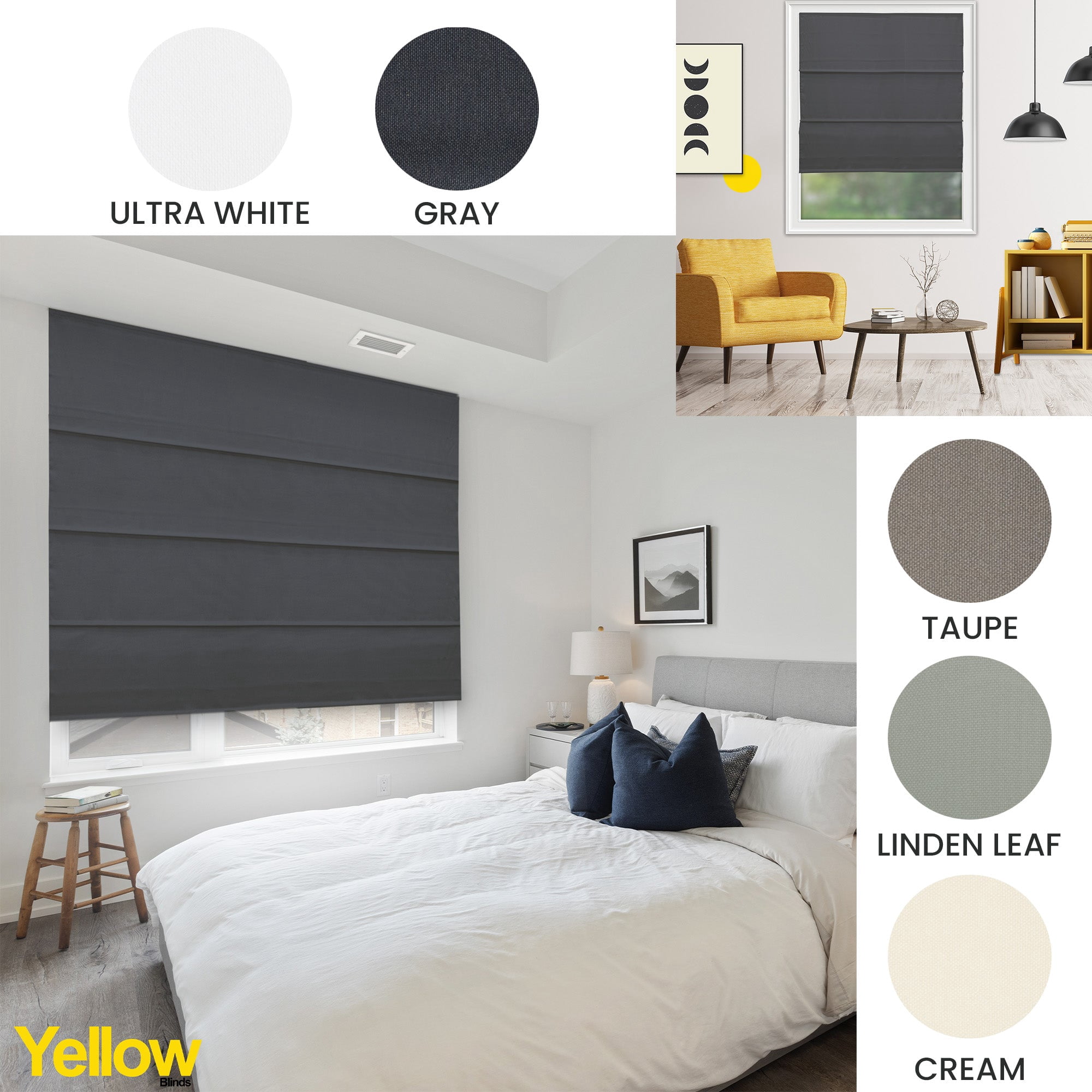 Yellow Blinds Cordless Light Filtering Roman Shade, Riverside Grey - 29"W X 72"H