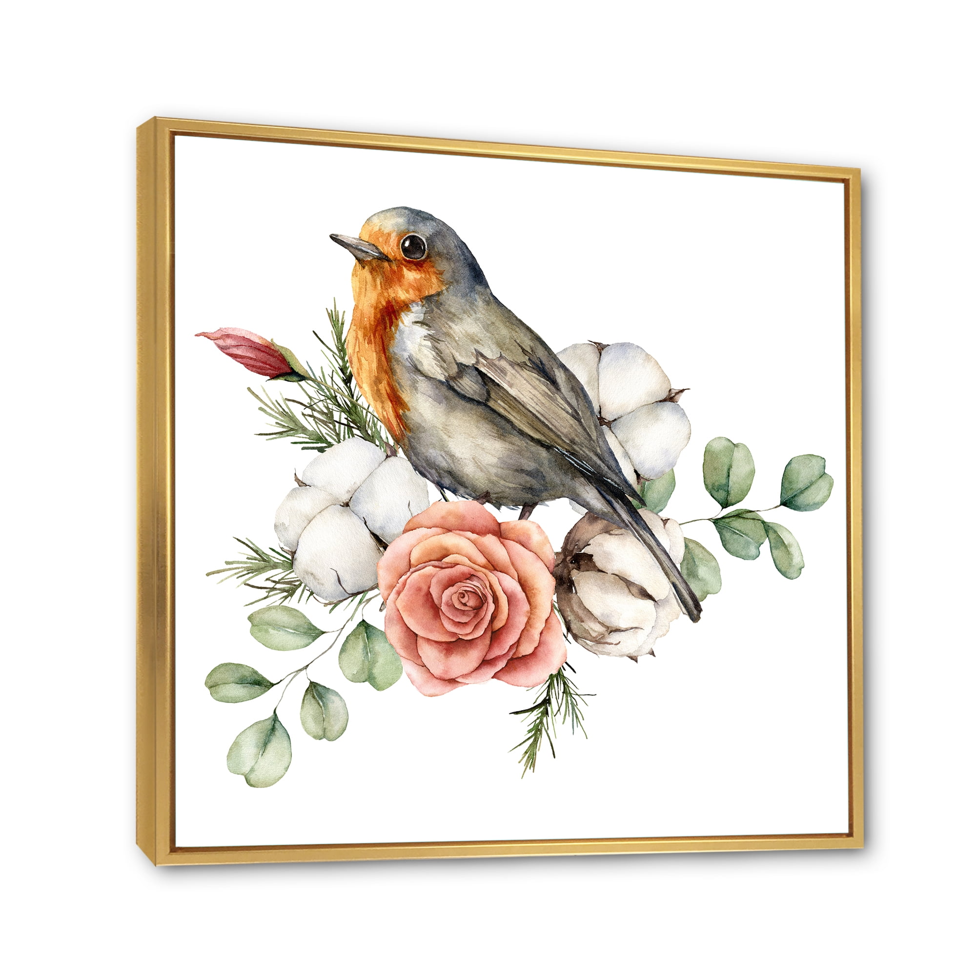 Cotton Rose and Leaves With Robin Redbreast 36 in x 36 in Framed Painting Canvas Art Print, by Designart