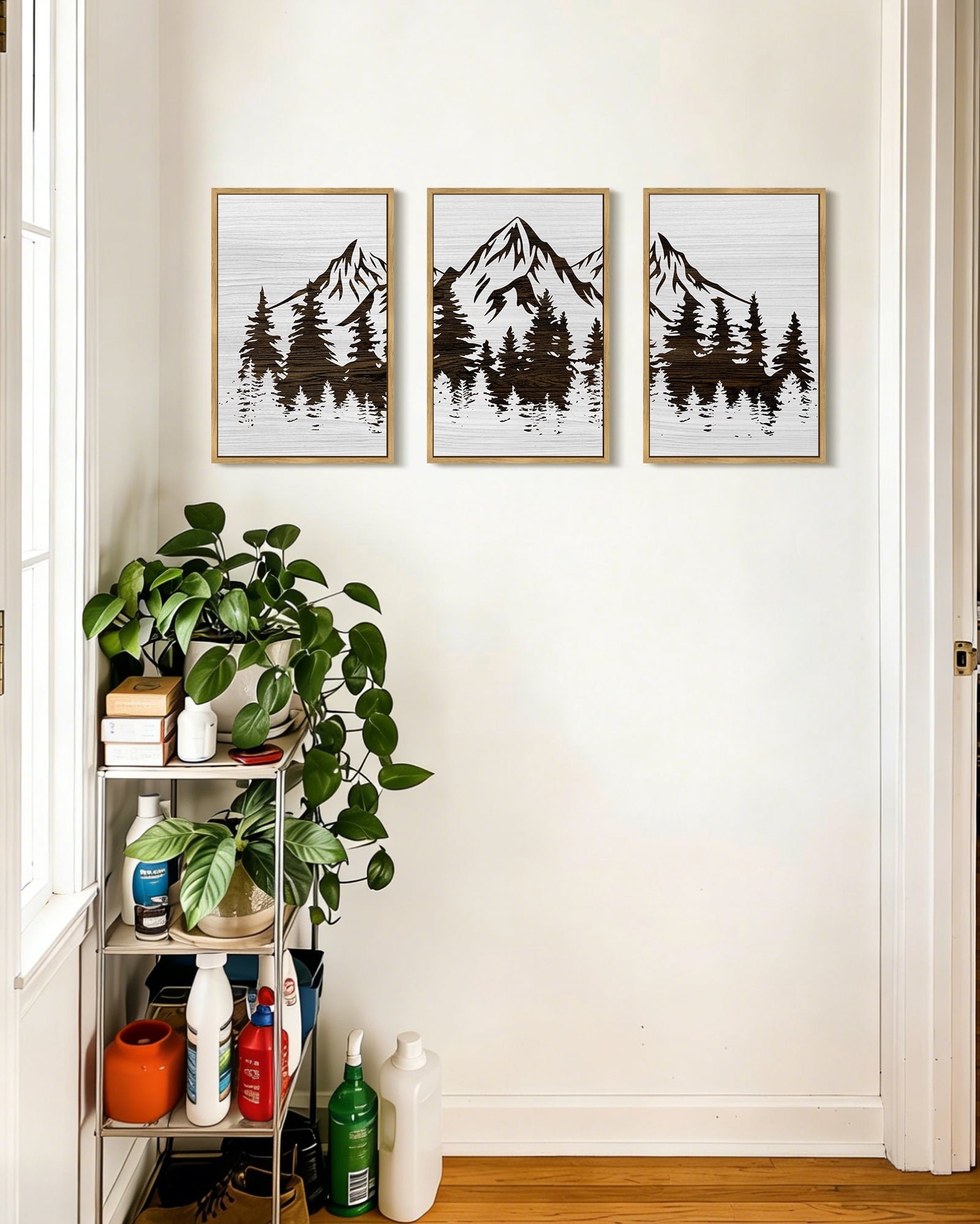 SHENIFY Mountains Tree Wall Art 16x24in3pcs Natural Framed Boho White Forest Nature Landscape Artwork Painting Morden Country Woodcut Wood Wall Decor Rustic Home Decor