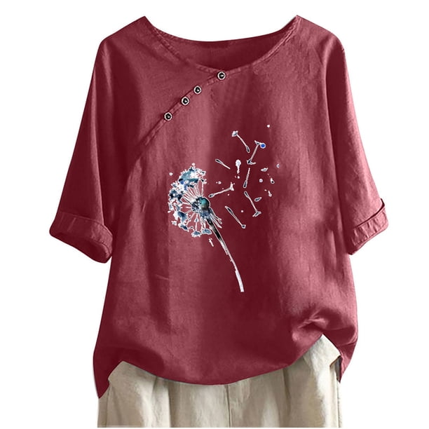 Blusas de Manga Corta para las Mujeres Impresas Cuello Redondo Camiseta Casual, Blusa de Algodón de Imitación para las Mujeres