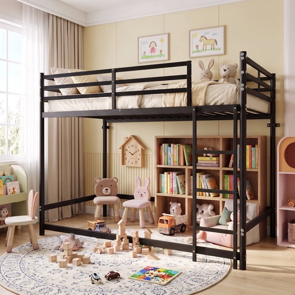 Dolonm Twin over Twin Loft Bunk Bed, Elevated Metal Loft Bed with Ladder, Safety High Guardrail and Under Storage Space, Noise Free, Black