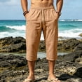 thumbnail image 5 of Mens Linen Capri Pants Loose Lightweight Below Knee 3/4 Pants Drawstring Gym Workout Long Shorts Travel Beach Pant Earthy Yellow M, 5 of 9