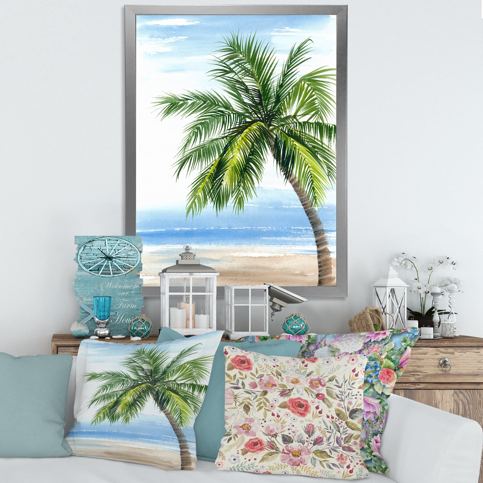 Designart 'Palm Tree At The Beach' Nautical & Coastal Framed Art Print