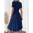 thumbnail image 2 of Navy Blue V-Neck Short Sleeve Fit & Flare Midi Dress With Gold-Tone Button Front, 2 of 7