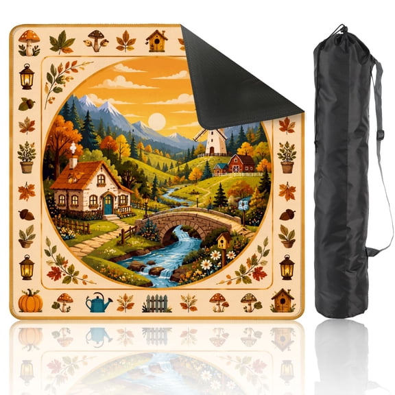 Mahjong Mat 31.5" x 31.5" Non-Slip Noise Reduction Charming Scene Mountains Windmill Decorative Border American Table Mat for Mahjong Tiles Dominoes Card Board Game Gifts