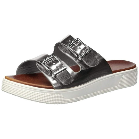 Mia Venessa Silver Double Buckle Comfortable Footbed Slide Mule Platform Sandals (7, Silver)