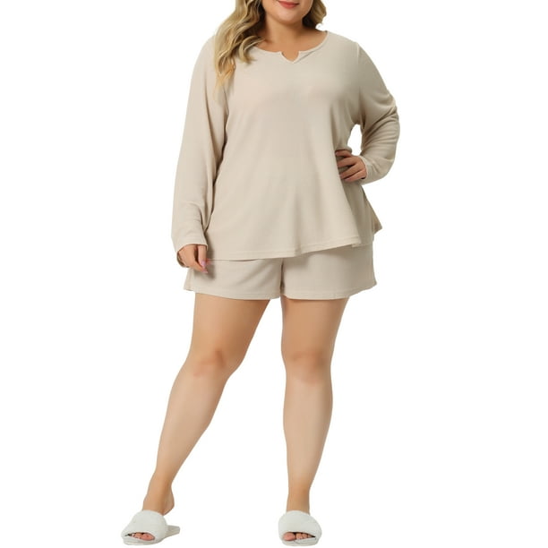 Conjunto de pijama de dos piezas de waffle de talla grande para mujeres, con blusas de manga larga y pantalones cortos, color beige, talla 1X