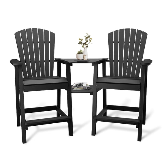 Tall Adirondack Chair Set of 2, Outdoor Bar Height Adirondack Chairs with Double Connecting Trays, All Weather HDPE Adirondack Barstools for Deck Balcony Backyard Patio Garden, Black