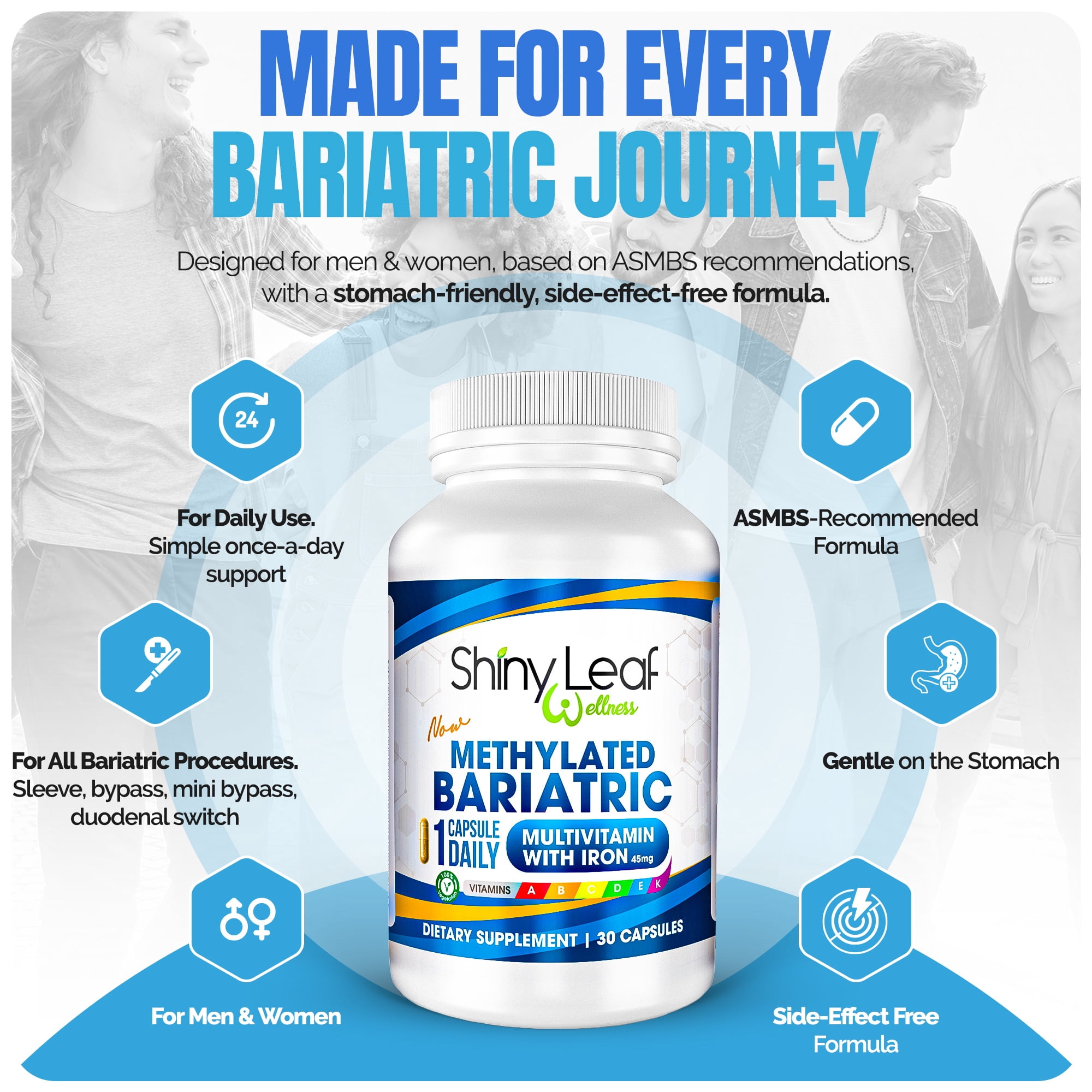 Shiny Leaf Methylated Bariatric Multivitamin with Iron - 45 mg for Gastric Bypass, Sleeve Gastrectomy, Roux-en-Y, Duodenal Switch - 22 Vitamins & Minerals, ASMBS Compliant, Made In USA, GMP, 60 Ct.