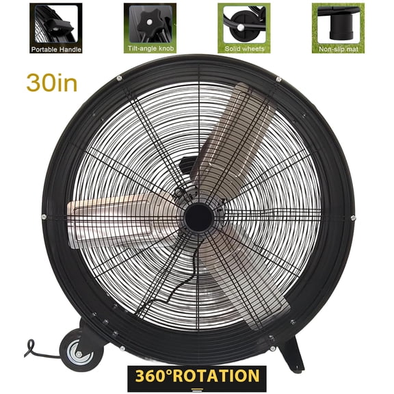 Ellere 30inch High Velocity Heavy Duty Industrial Drum Fan,13520 CFM Powerful Airflow Large Floor Fan with Wheels for Warehouse Facotry Shop Garage