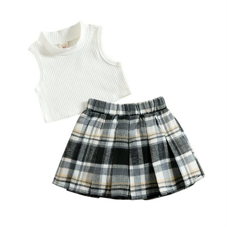

2pc Baby Girls Skirt Set Toddler Girl Ribbed Knited Sleeveless Tank Top+ Plaid Pleated Skirt Outfits Sets Spring Summer Clothes White 9-12 Months