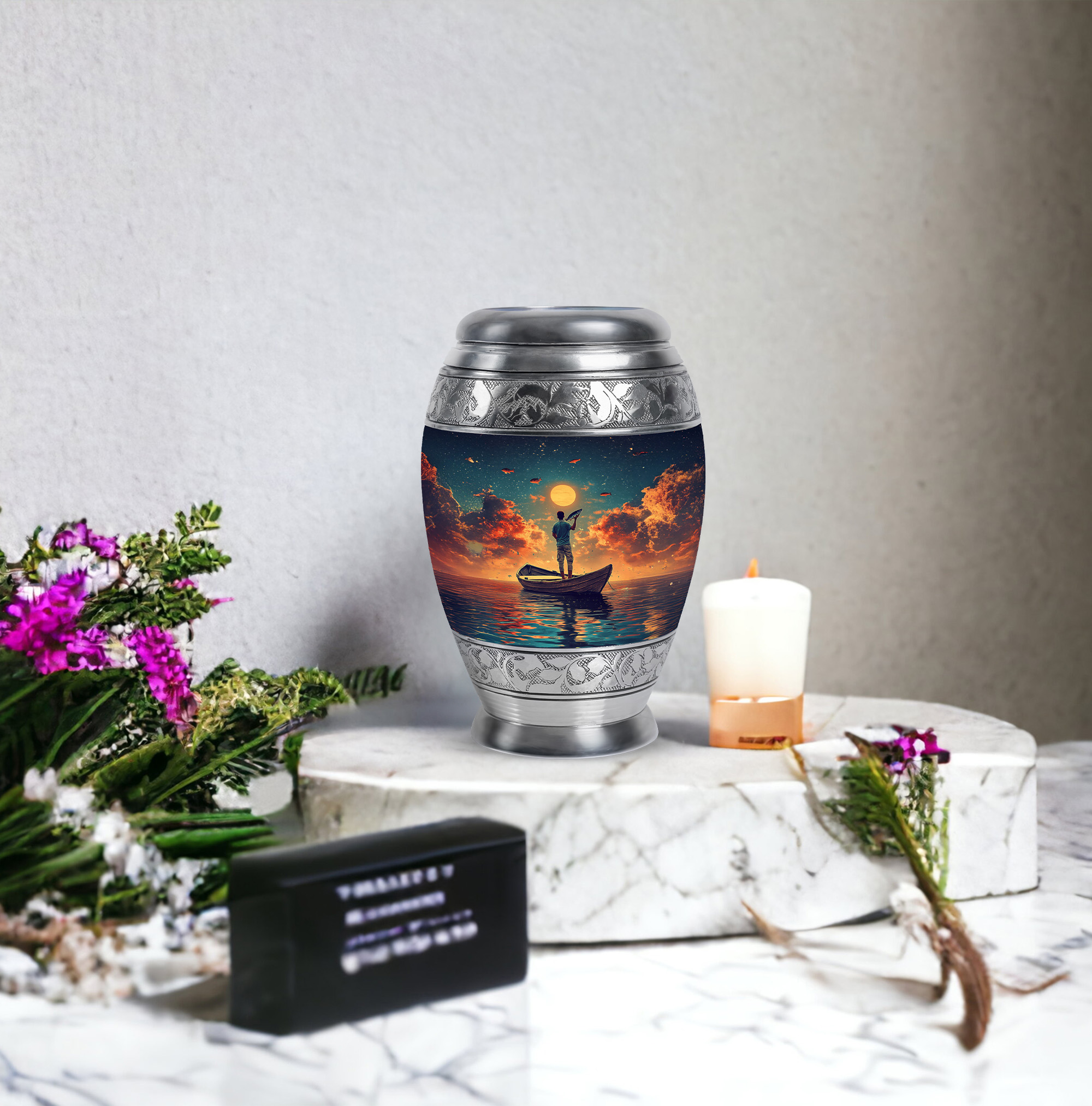 JAGASY Fishing Urn for Mother - Dark Green Small Urn for Ashes Adult Male & Female - Sunset Water Boat Decorative Urns - Memorial Cremation Urns for Father - (3 Inch)