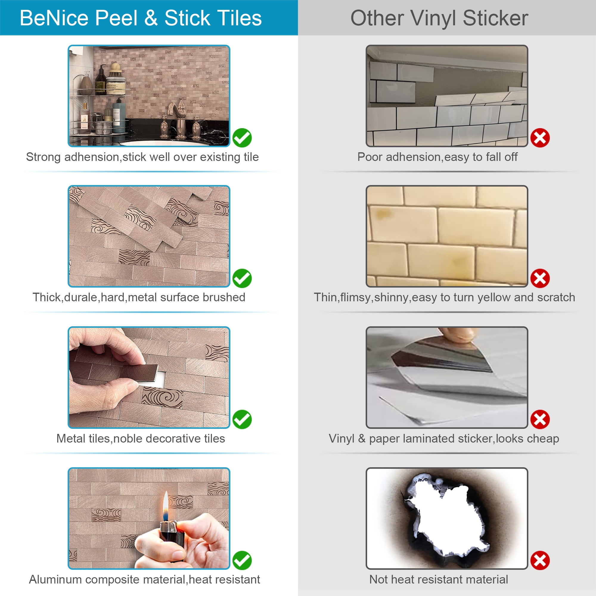 BeNice Peel and Stick Backsplash Kitchen Backsplash Tile Stickers Metal Rose Gold