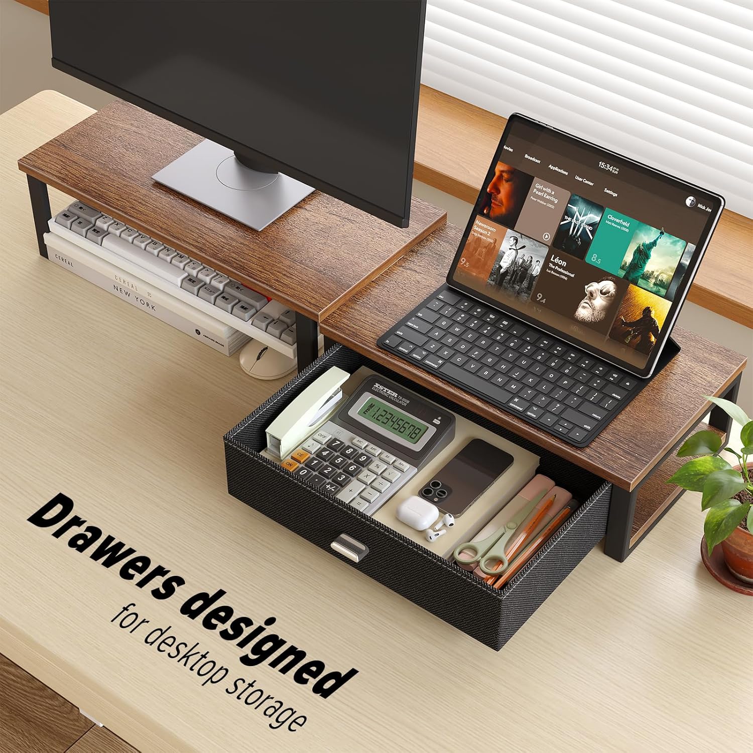 Dual Monitor Stand Riser with Drawer - Ergonomic Desktop Organizer for 2 Monitors, Computer Laptop Storage Shelf, Walnut Finish