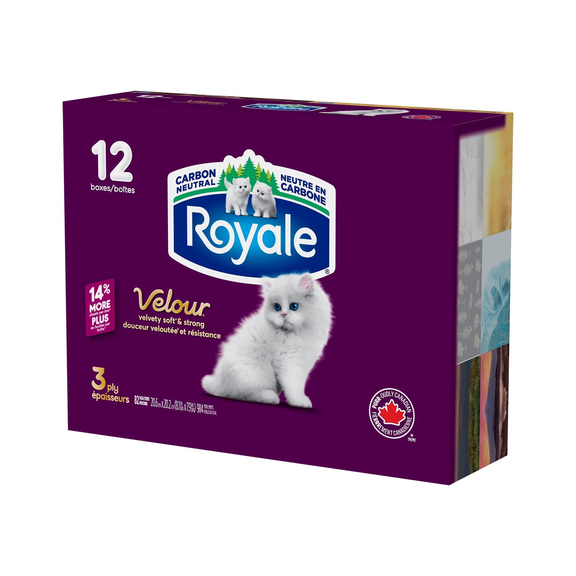 Royale Velour, 3 Ply Facial Tissue, 12 Flat Boxes, 82 Tissues per Box