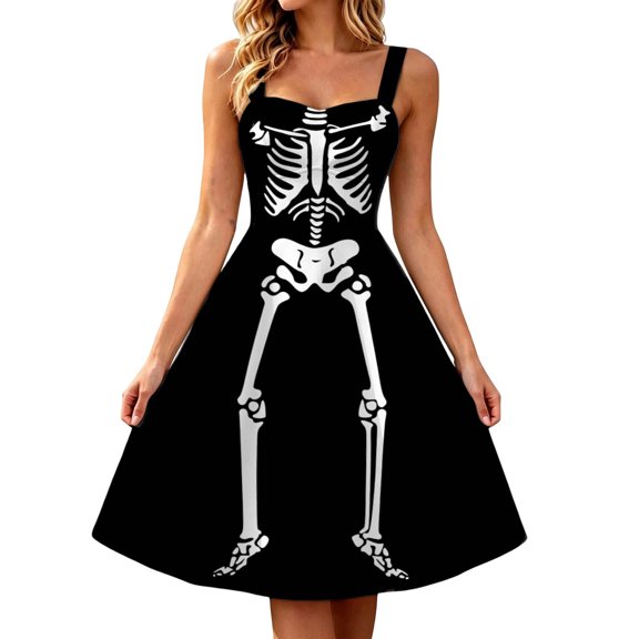 Xijirk Women's Halloween Sleeveless Suspender Swing Dress Full Skeleton Print Mini Gown for Halloween Cosplay Event,XXL