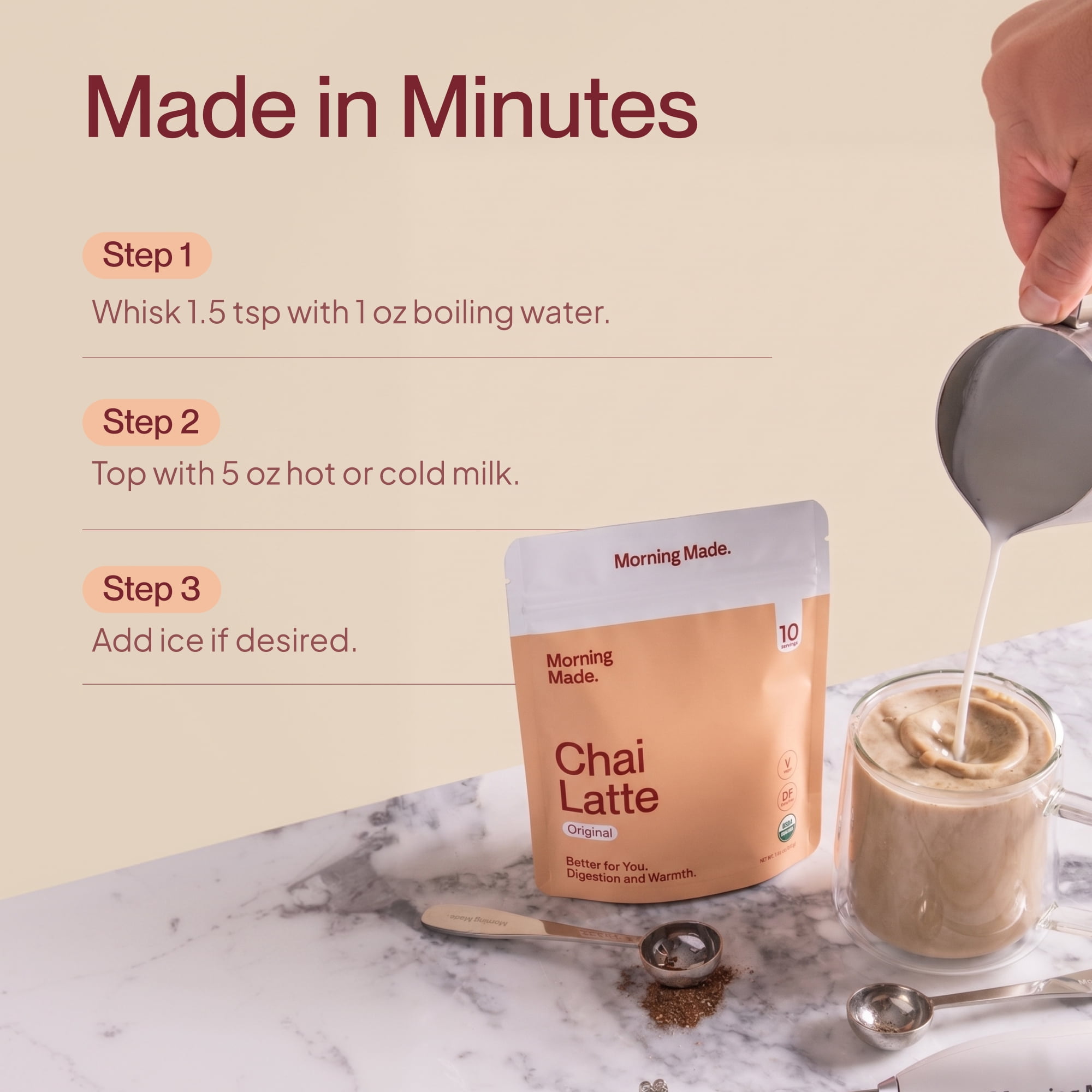 Morning Made Premium Blend Organic Chai Latte Powder, Original, 10 Servings