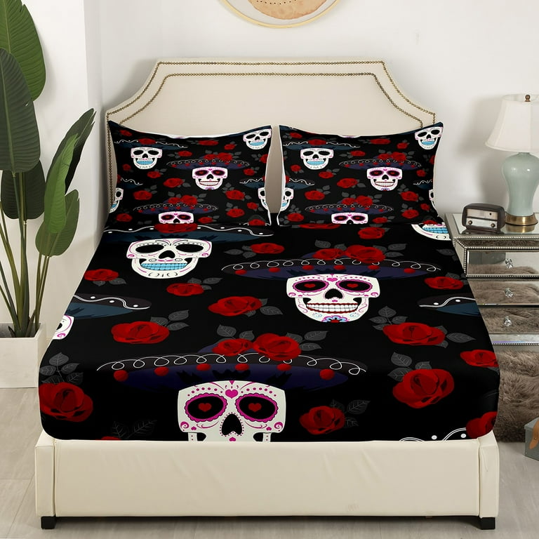 Queen sheet set day of the dead sugar skull halloween deals dia de los muertos black