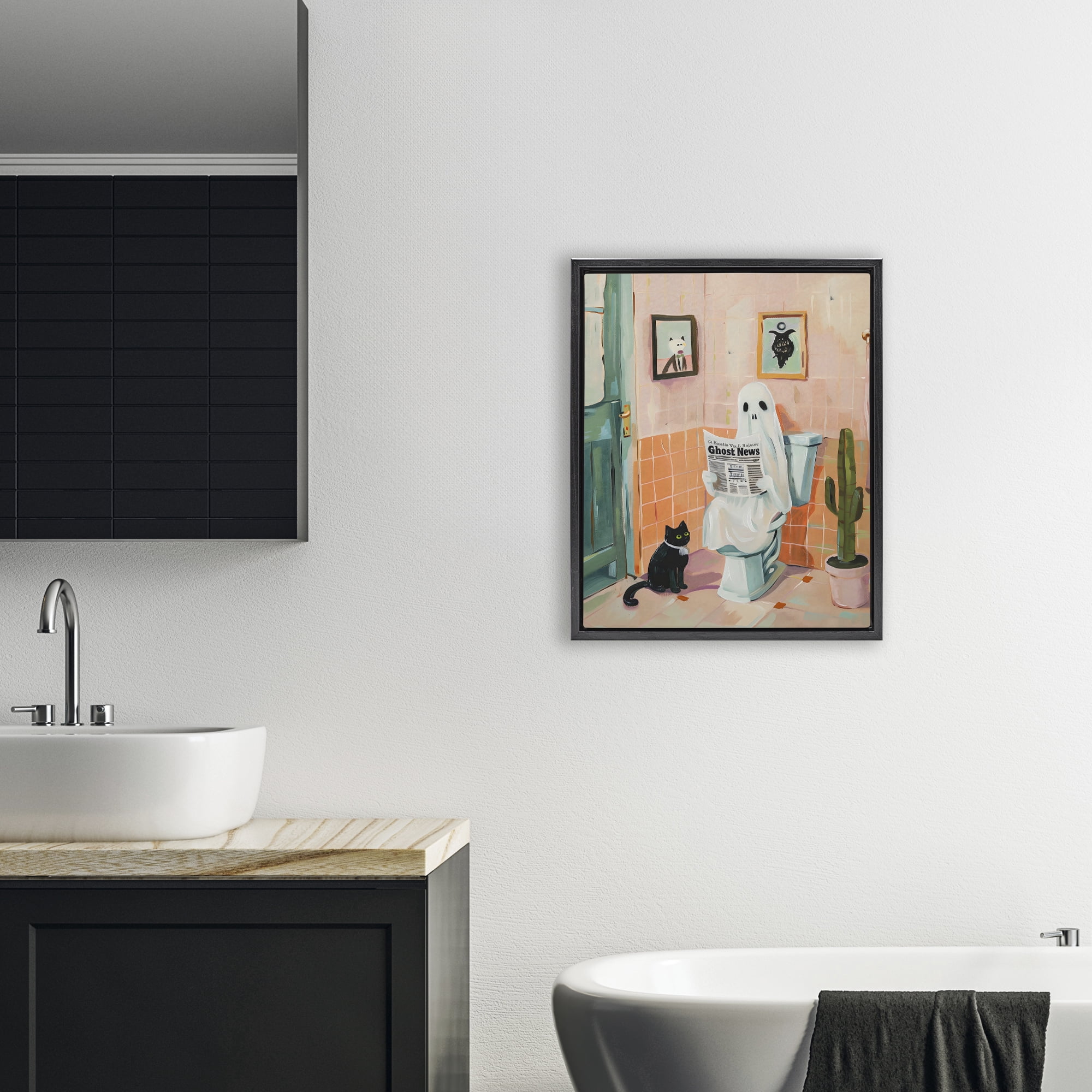 Stupell Industries Ghost Reading Newspaper Black Framed Floater Canvas Wall Art, design by The Prints Vibe