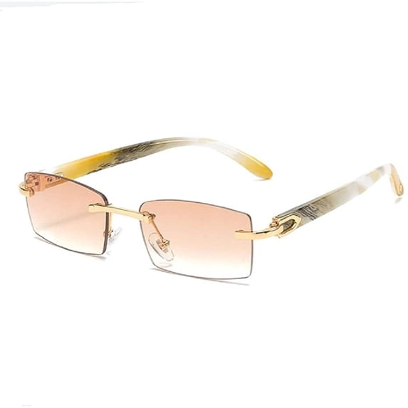 Slim Rimless Rectangular Metal & Wood Art Aviator Sunglasses