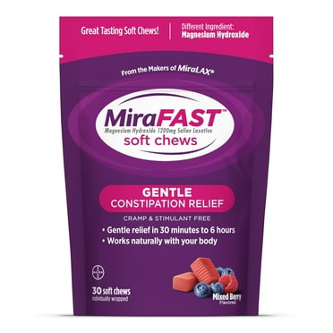 MiraFAST Soft Chews, Gentle Constipation Relief for Kids & Adults, Fast Acting Laxative, Mixed Berry Flavor, 30 Ct