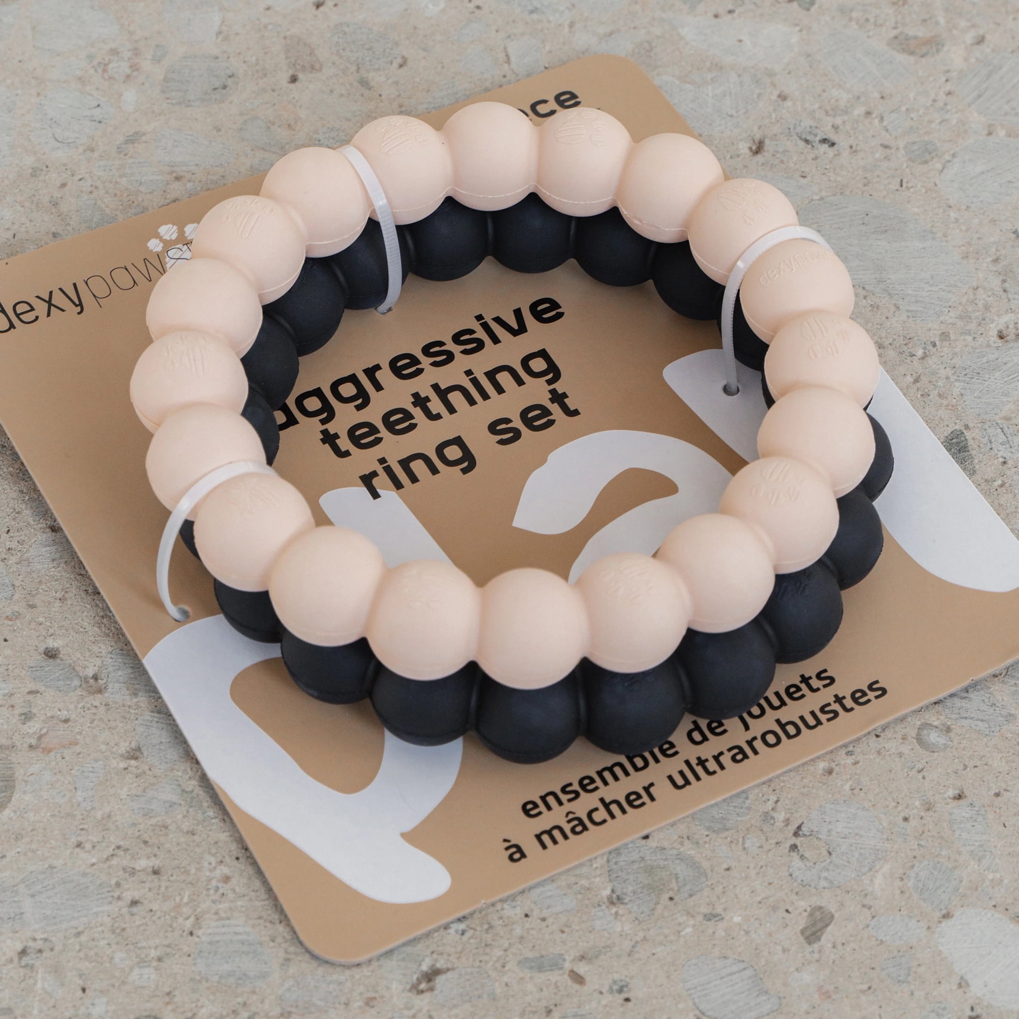 Dexypaws: Super Chew Rings - Beige & Black - 2pc Dog Teething Toys, Aggressive Chewers, Fetch & Tug, Textured Circles, Durable Rubber, Pet Play