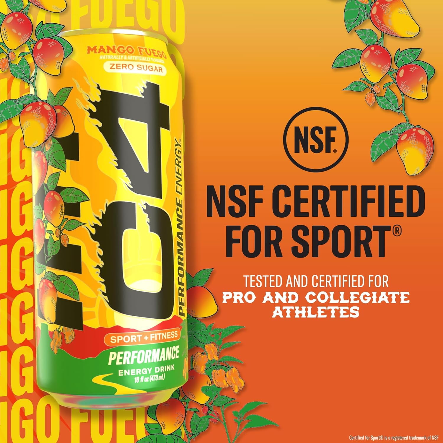C4 Performance Energy, Sport & Fitness Energy Drink, Mango Fuego, Zero Sugar, 16 fl oz