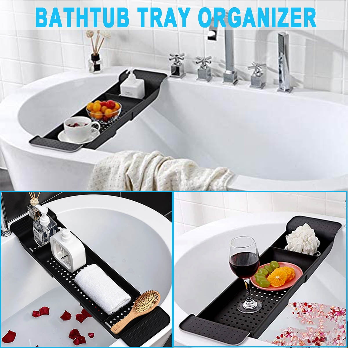 HKEEY Bathtub Tray Caddy Luxury Shower Organizer Trays with Book and Wine  Holder Extending Sides Bathroom Decor