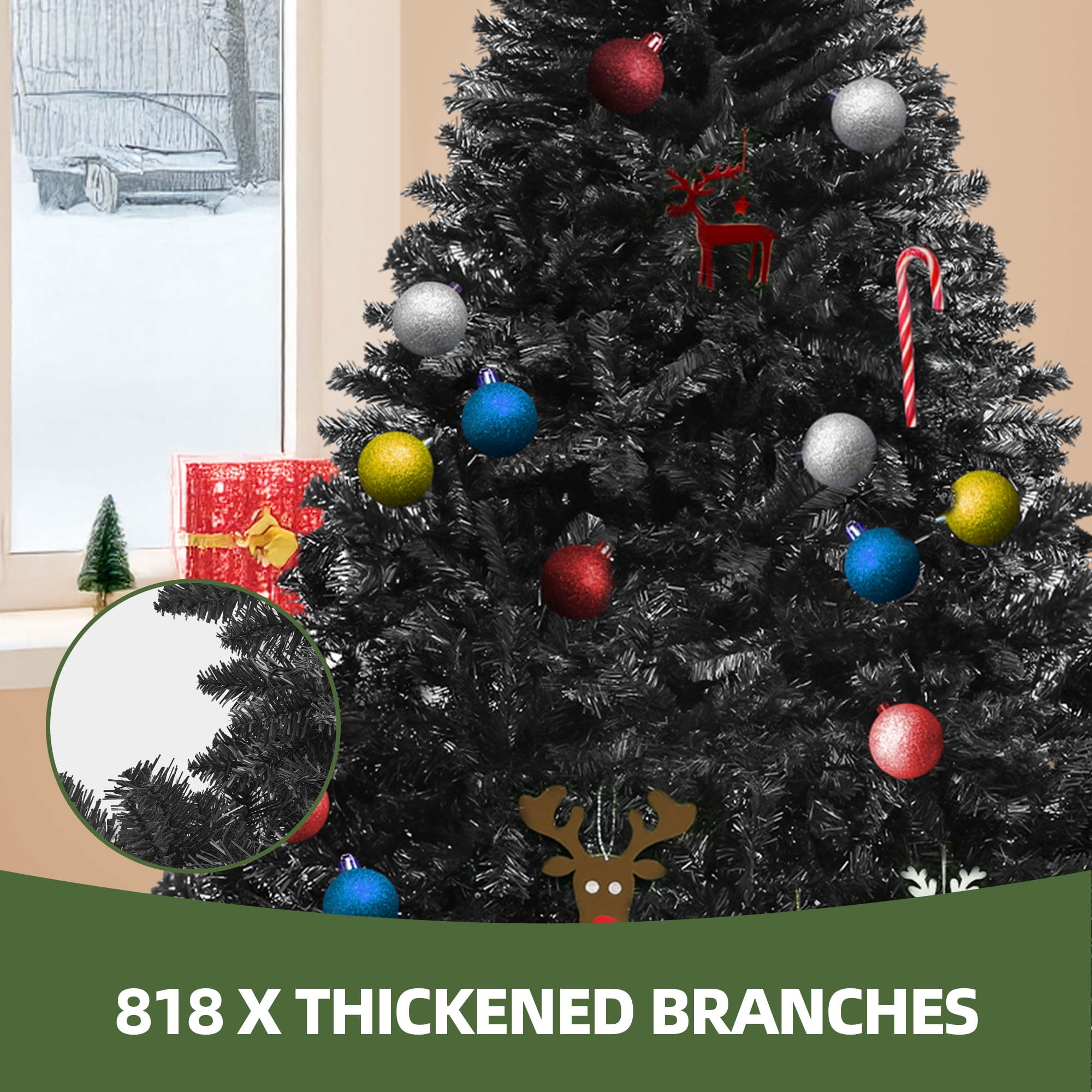 Uforic 6ft Halloween Artificial Christmas Tree with 818 Branch Tips & Foldable Base, Black