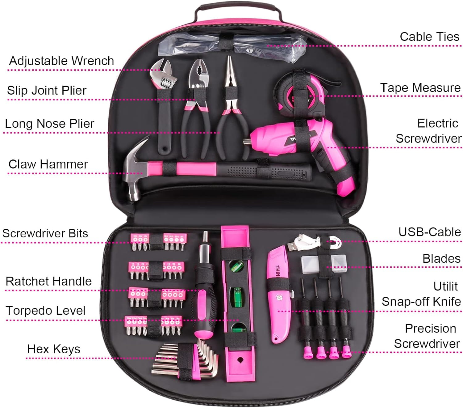 THINKWORK 122-Piece Pink Tool Kit with 3.6V Rotatable Electric Screwdriver-Ladies Home Work Kit