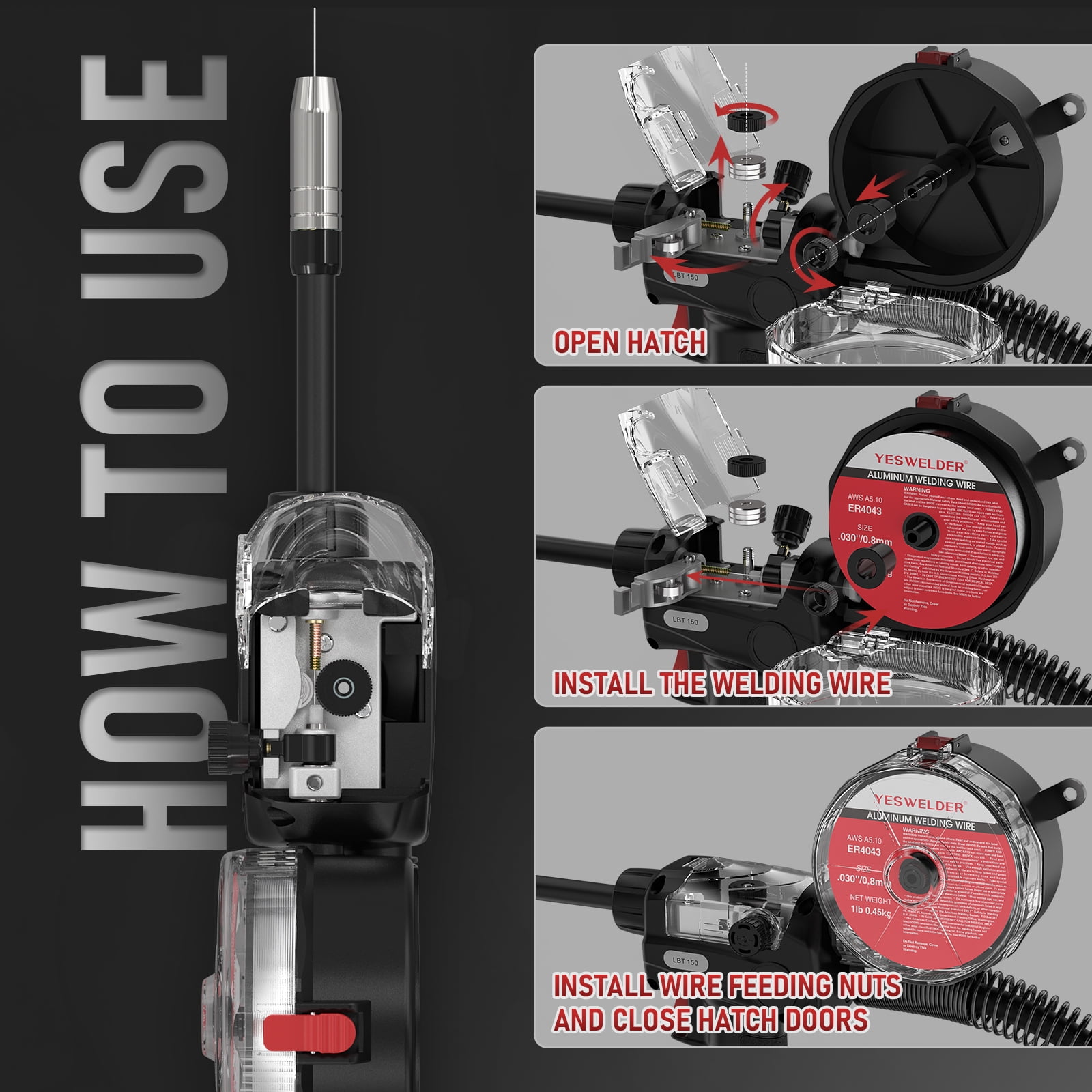 YESWELDER LBT150 150A Spool Gun for MIG-250 PRO/205DS/YWM-211P/200, 10FT Euro Connector