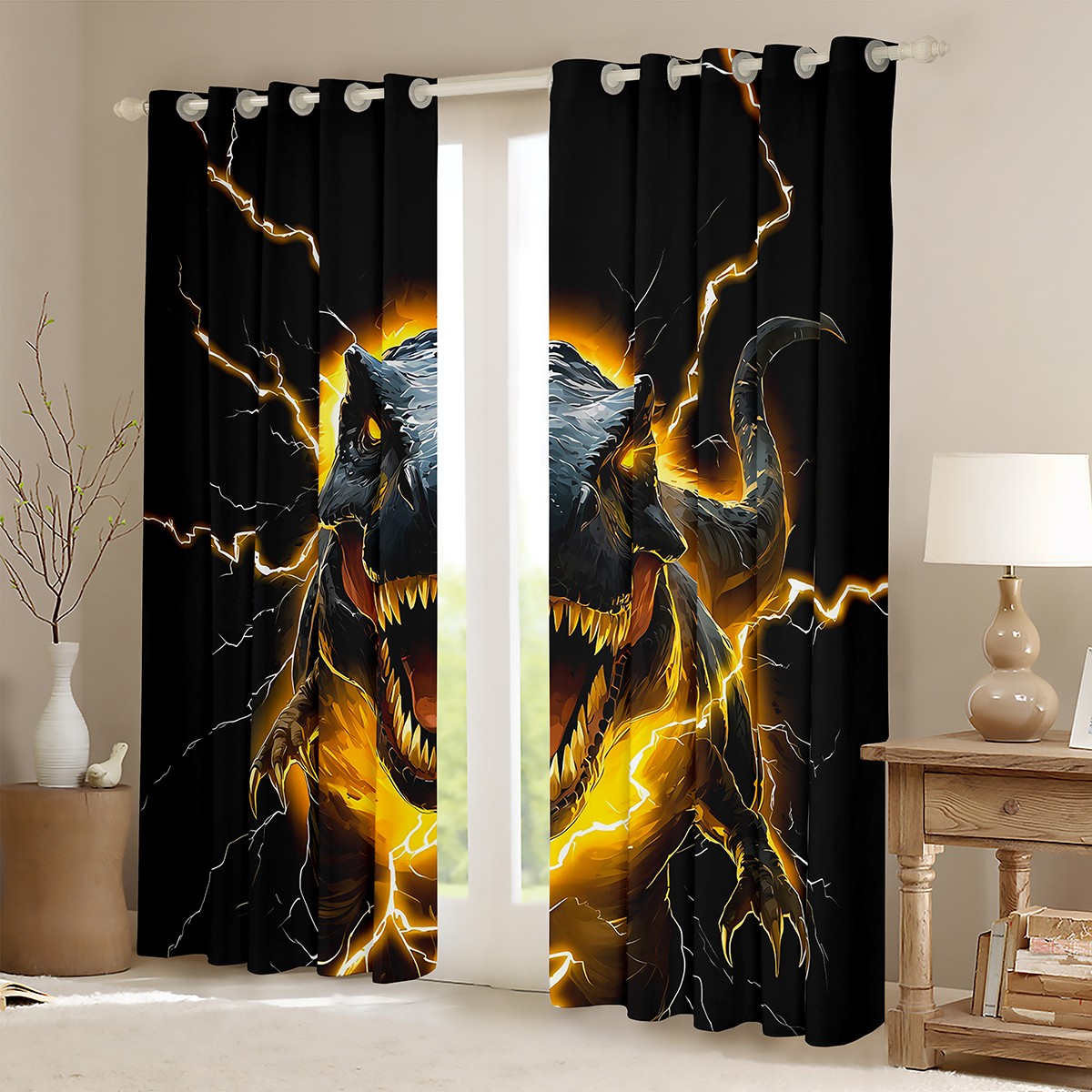 Manfei Boys Dinosaur Blackout Curtains Set of 2 (52x84 Each) for Kids Boys, Orange Lightning Window Curtains, Wild Animal Curtains and Drapes, Luxury Bedroom Decor