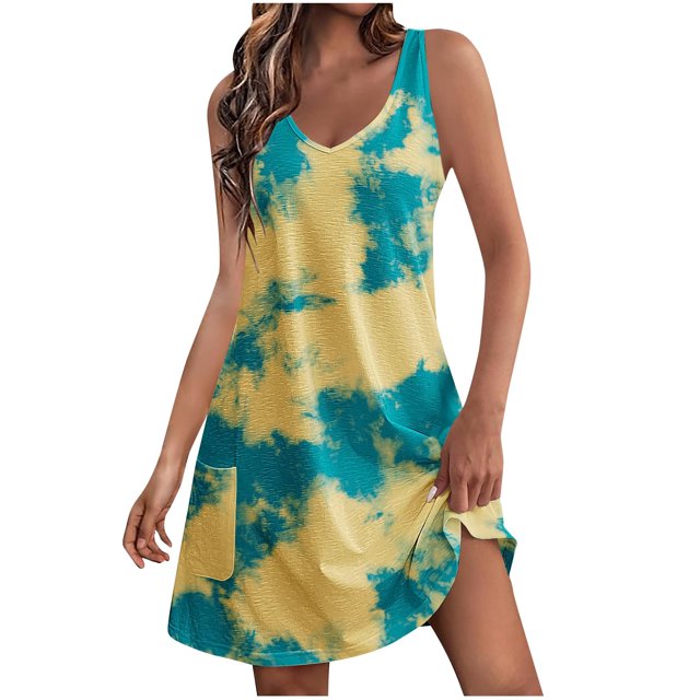 Robe Décontractée pour Femmes, Robe pour Femmes, Mode Décontractée Robe Imprimée Sans Manches Col en V avec Poche, Robe Sans Manches pour Femmes, Robe Décontractée pour Femmes
