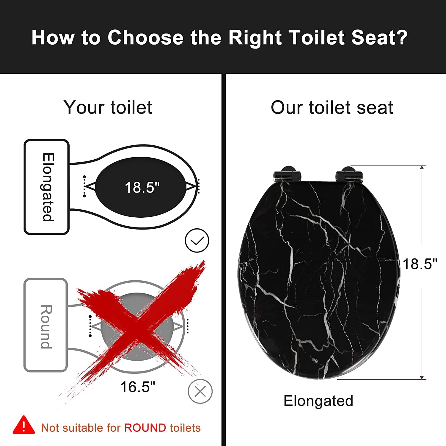 Marble Toilet Seat Durable Molded Wood with Quiet Close,Easy Clean，Quick-Release Hinges (Elongated,Black Marble)