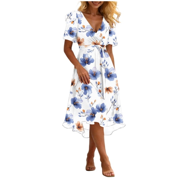 Noric Women's V-Neck Floral Print Midi Dresses Casual Flowy Short Sleeve Wrap Smocked Waist Outings A-Line Spring Summer Dresses with Pockets