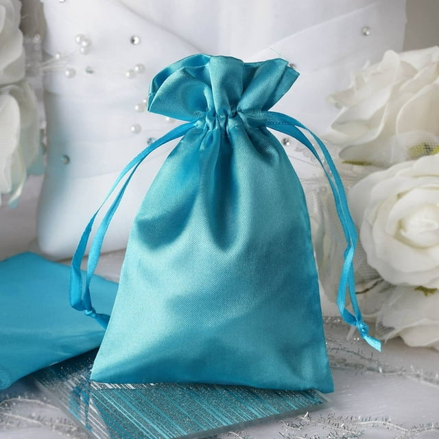 TABLECLOTHSFACTORY 12PCS Turquoise Satin Gift Bag Drawstring Pouch Wedding Favors Bridal Shower Jewelry Bags - 4"x 6"