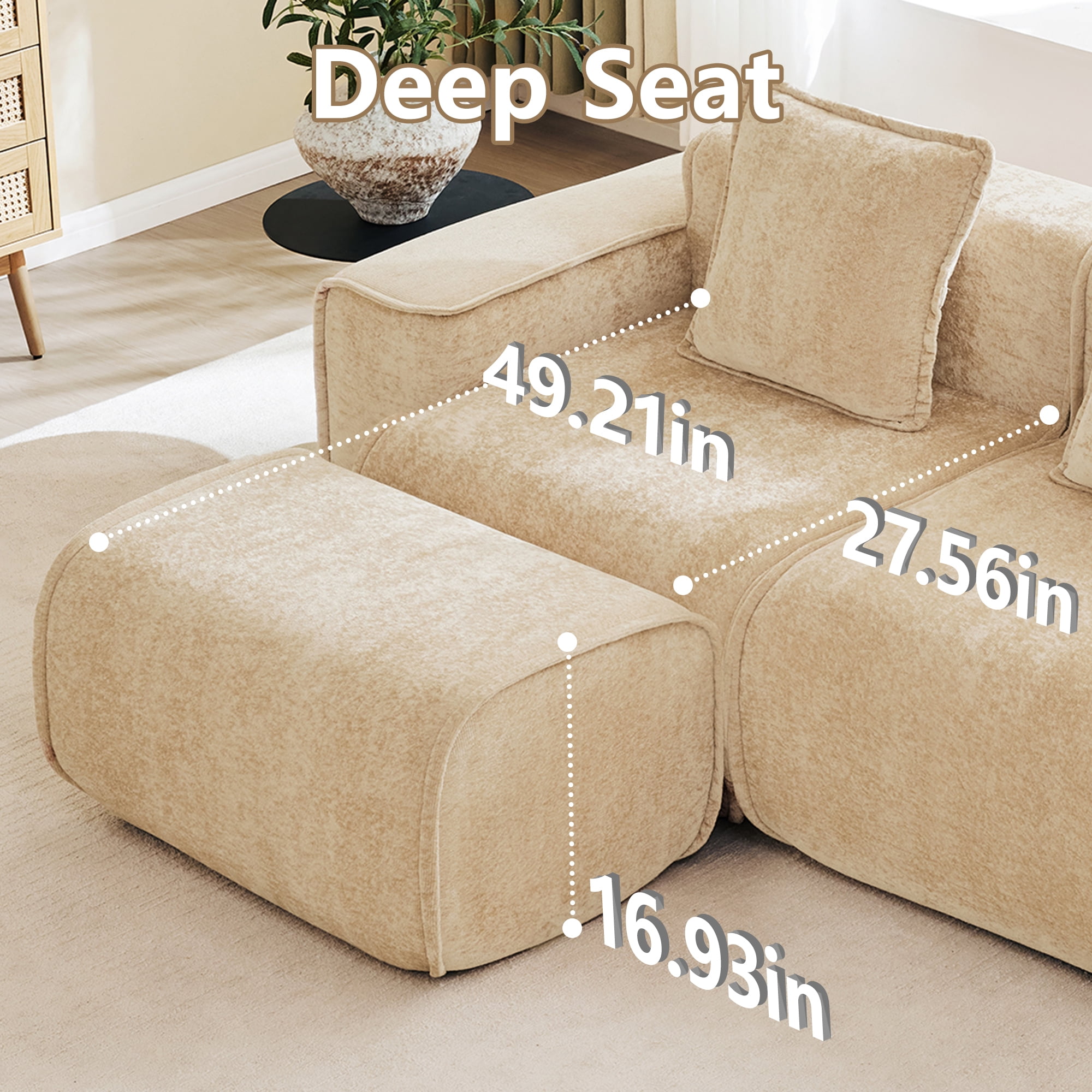 Aukfa 109" Oversized Boneless Couch Deep Seat 3 Seat Cloud Sofa for Living Room Bedroom, 3 Pillows, Velvet, Camel