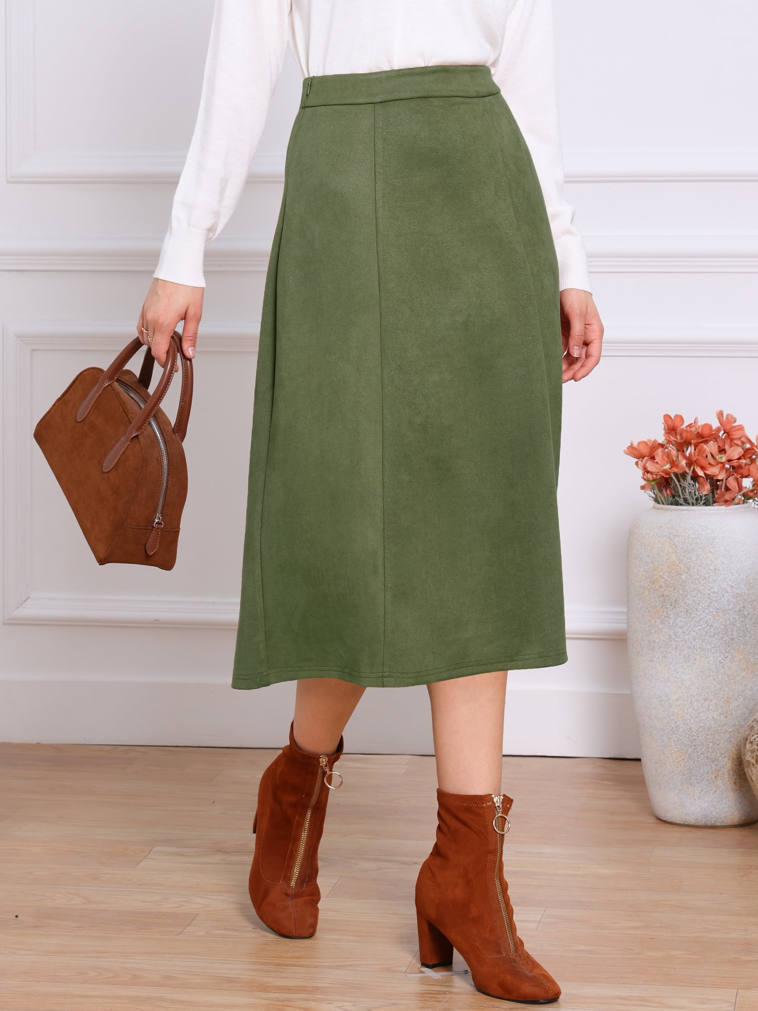 DARING DIVA Women's Casual A Line Faux Suede Midi Skirts Large Dark Green