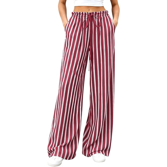 Pants Elastic Waist Palazzo Pants for Women Casual Lounge Wide Leg Pants Red S