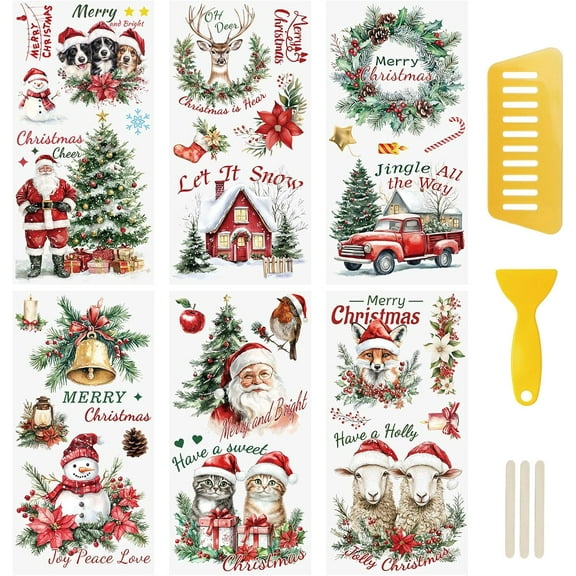 6PCS Christmas Theme Rub On Transfer Stickers, Snowman, Reindeer, Santa Claus Transfer Decals for DIY Scrapbooking Photo Furniture Windows