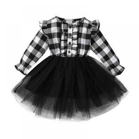 

SYNPOS 0-3Y Toddler Kids Girls Clothes Christmas Dress Ruffle Red Plaid Black Mesh Skirt Outfits Overall Fall Winter