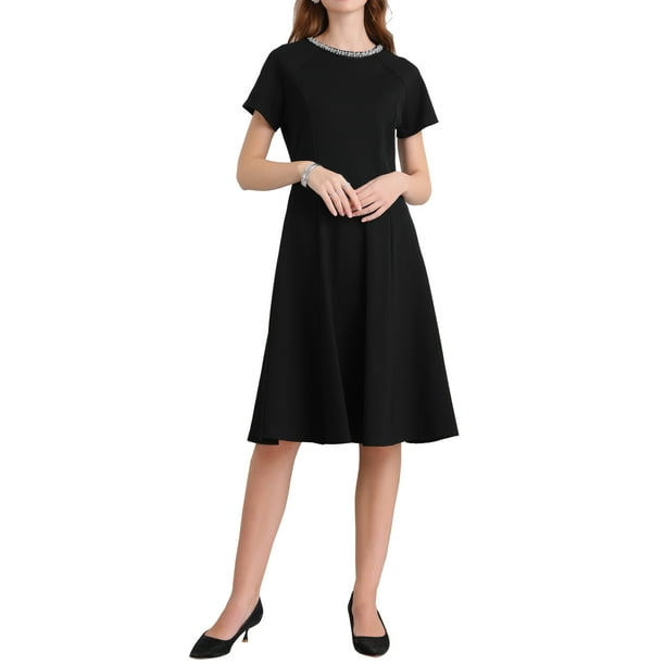 INSPIRE CHIC Vestido A-Line Elegante para Mujeres con Cuello Redondo, Decoración de Perlas, Manga Corta, Vestido de Trabajo y Cóctel, Corte Acampanado, XL Negro